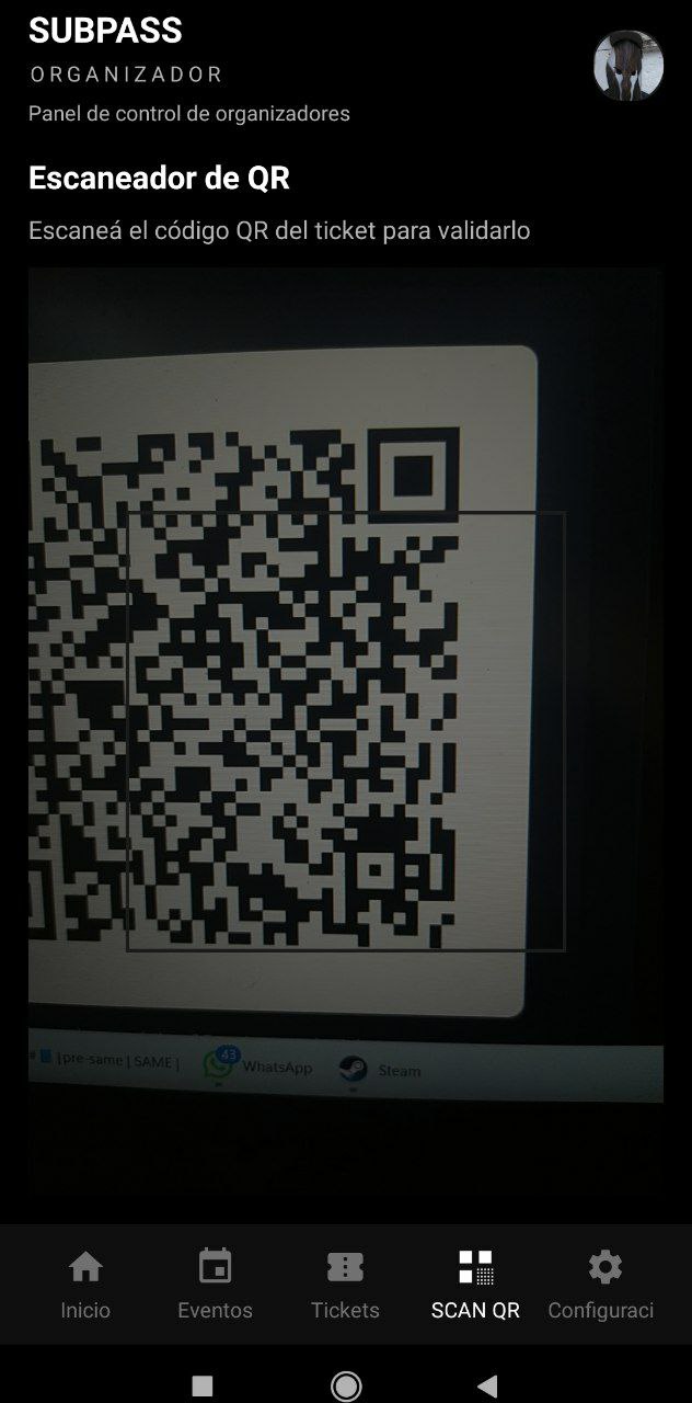 Escáner QR del organizador en SUBPASS