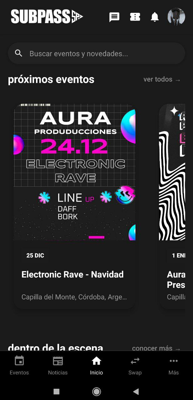 Sección de eventos para comprador en SUBPASS