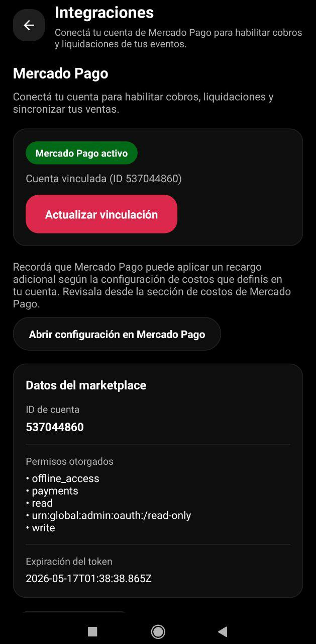 Integración con Mercado Pago del organizador en SUBPASS